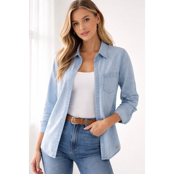 Guess Tops - Guess Los Angeles Women Light Wash Denim Button Down Shirt Normcore Minimalist M